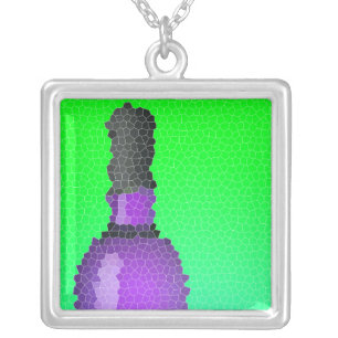 wine glass and bottle : stained glass silver plated necklace