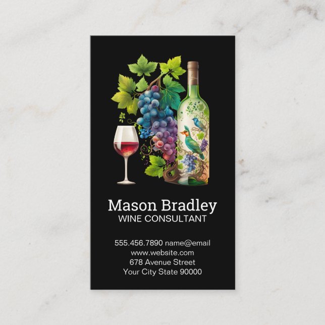 Wine Glass and Bottles | Grapes Vine Business Card (Front)