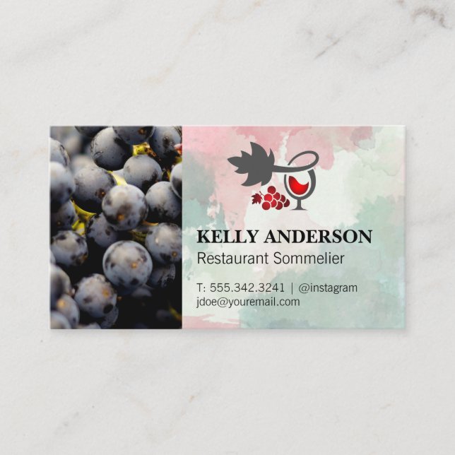 Wine Glass and Grapes | Watercolor | Wine Grapes Business Card (Front)