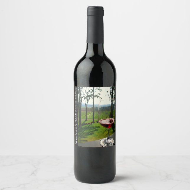 Wine Glass and Vineyard Design Wine Label (Front)