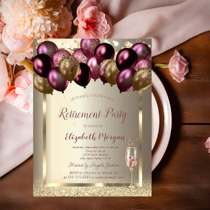 Wine Glass Balloons,Burgundy Champagne Retirement Invitation