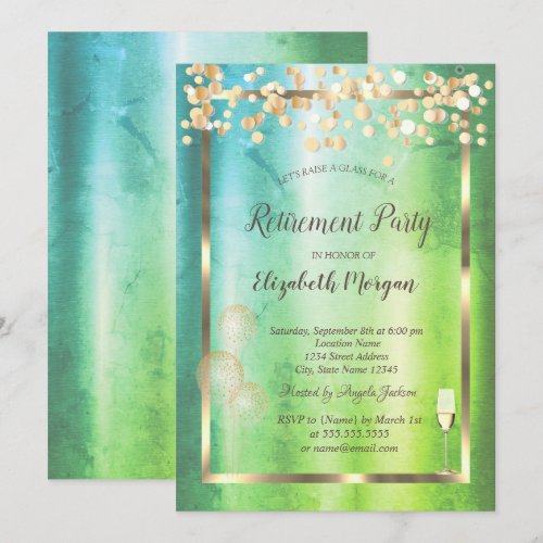 Wine Glass,Balloons,Dots Green Retirement Invitation