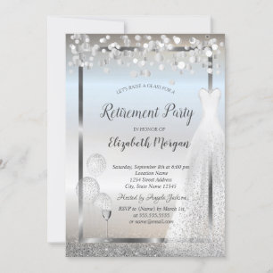 Wine Glass Balloons Dress Silver Retirement  Invitation