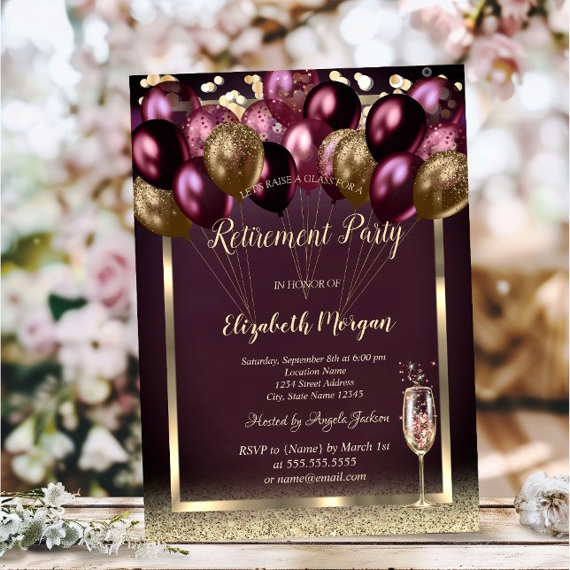 Wine Glass Balloons Glitter,Burgundy Retirement  Invitation (Creator Uploaded)