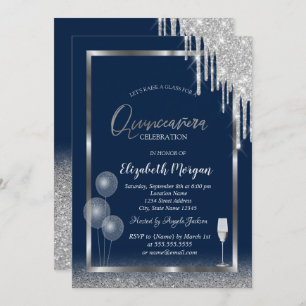 Wine Glass Balloons Glitter Drips Blue Quinceañera Invitation
