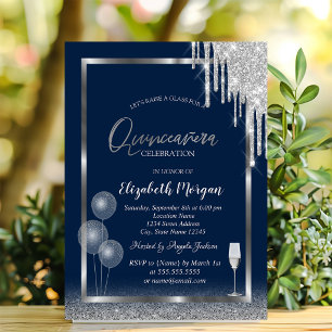 Wine Glass Balloons Glitter Drips Blue Quinceañera Invitation