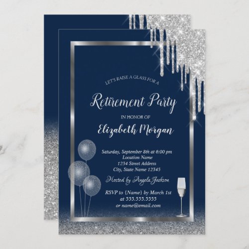 Wine Glass Balloons Glitter Drips Blue Retirement Invitation