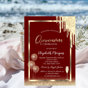 Wine Glass Balloons Glitter Drips Red Quinceañera Invitation