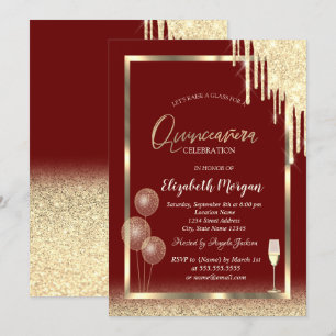 Wine Glass Balloons Glitter Drips Red Quinceañera  Invitation