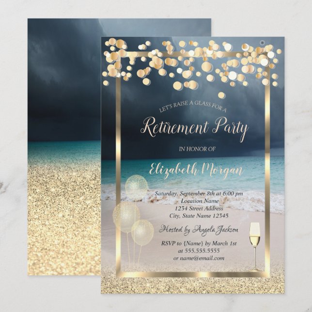 Wine Glass Balloons Gold Glitter Beach Retirement Invitation (Front/Back)