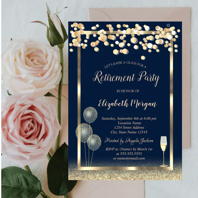 Wine Glass Balloons Gold Glitter Blue Retirement Invitation | Zazzle