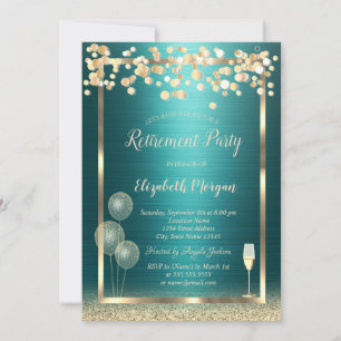 Wine Glass Balloons Gold Glitter Green Retirement Invitation