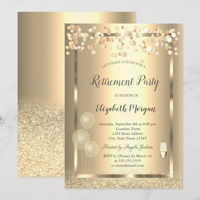 Wine Glass Balloons Gold Glitter Retirement Invitation (Front/Back)