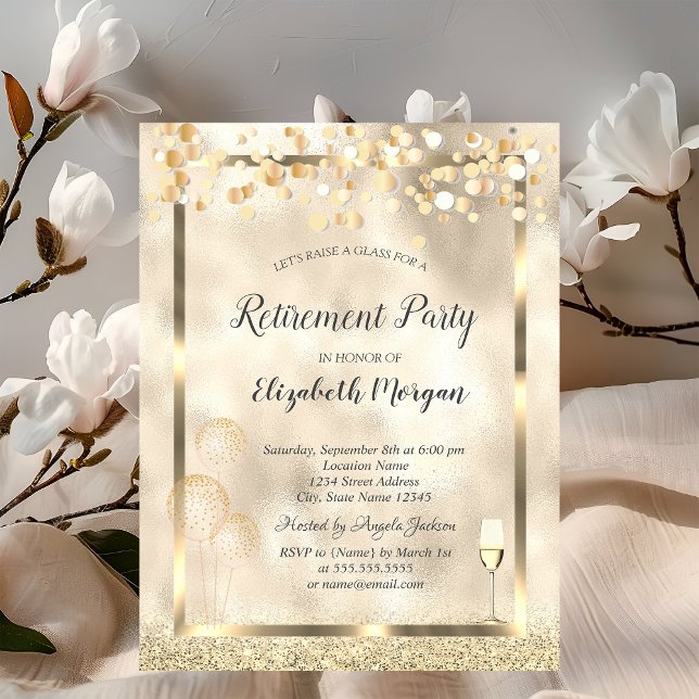 Wine Glass Balloons Gold Glitter Retirement  Invitation (Creator Uploaded)