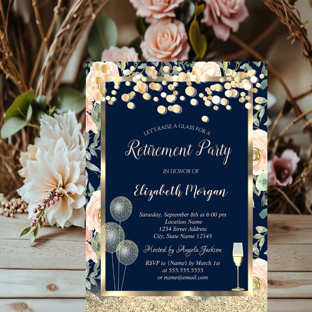 Wine Glass Balloons Gold Glitter Roses Retirement  Invitation (Creator Uploaded)