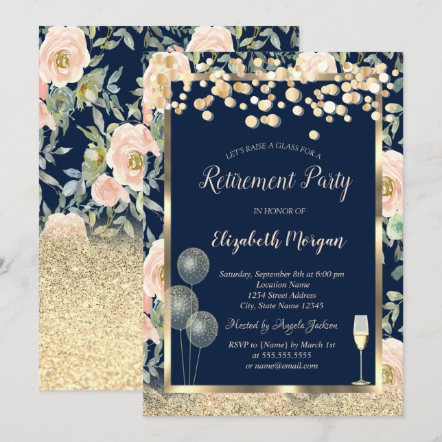 Wine Glass Balloons Gold Glitter Roses Retirement  Invitation (Front/Back)