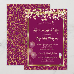 Wine Glass Balloons Gold Mandala Pink Retirement Invitation