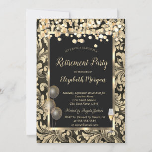 Wine Glass Balloons Gold Swirls Retirement Invitation