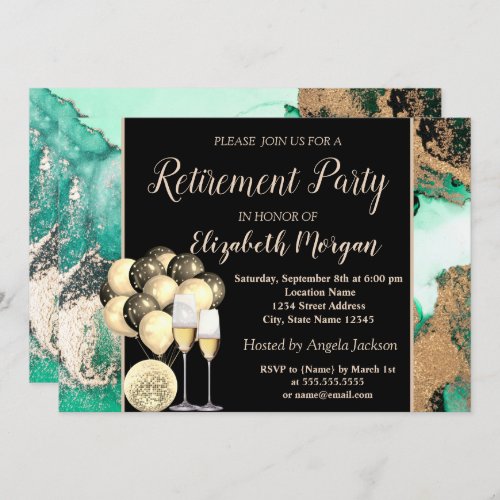  Wine GlassBalloonsGreen Marble Retirement Party Invitation