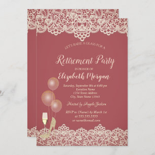 Wine Glass Balloons Lace Red Retirement Invitation