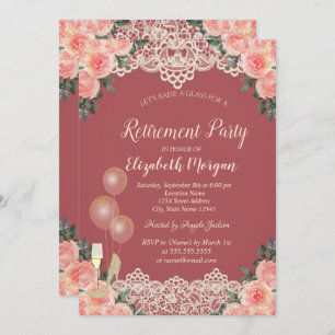 Wine Glass Balloons Lace Red Roses Retirement Invitation
