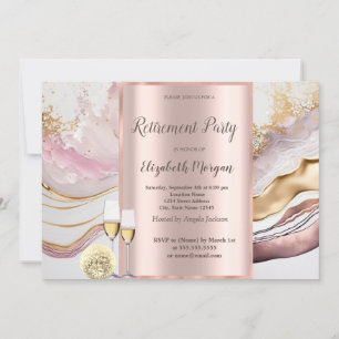 Wine Glass,Balloons,Pink Marble Retirement Party Invitation
