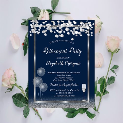 Wine Glass Balloons Silver Glitter Blue Retirement Invitation