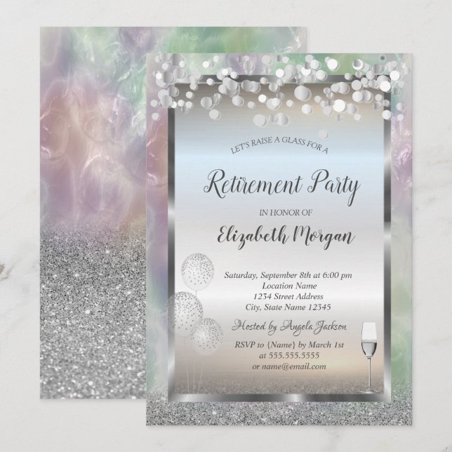 Wine Glass Balloons Silver Glitter Holographic Invitation (Front/Back)