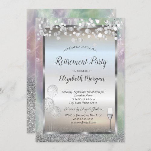 Wine Glass Balloons Silver Glitter Holographic Invitation