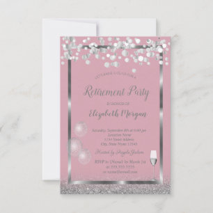 Wine Glass Balloons Silver Glitter PinkRetirement Invitation