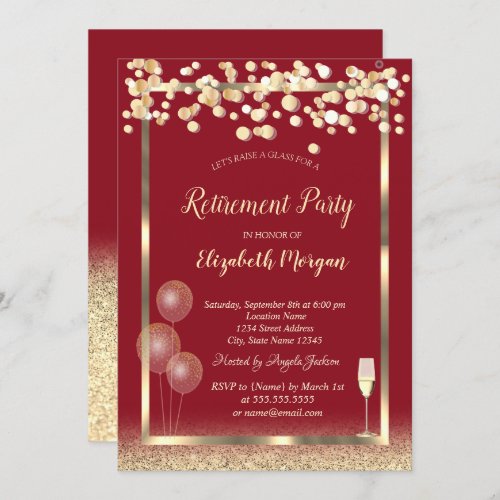 Wine Glass Balloons Silver Glitter Red  Retirement Invitation