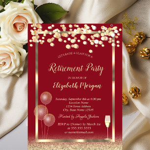 Wine Glass Balloons Silver Glitter Red  Retirement Invitation