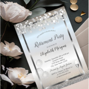 Wine Glass Balloons Silver Glitter Retirement Invitation