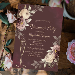 Wine Glass Blush Roses Brown Retirement Invitation
