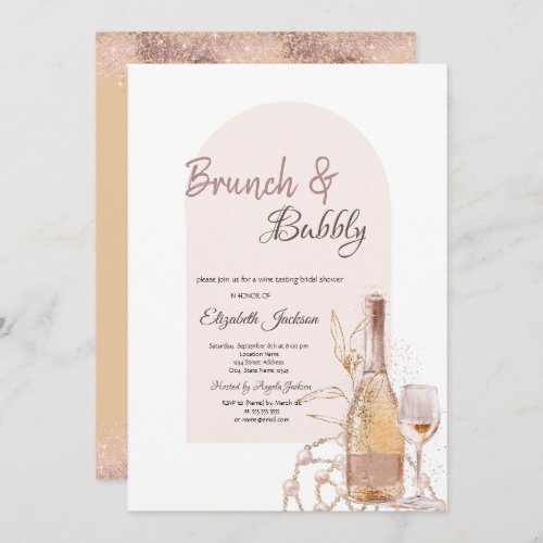 Wine Glass Boho Flowers Pearls Brunch  Bubbly Invitation