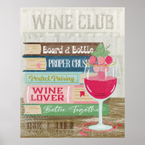 Wine Glass Book Stack Wine Club Library Poster