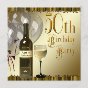 Wine Glass Bottle Black Gold 50th Birthday Party Invitation