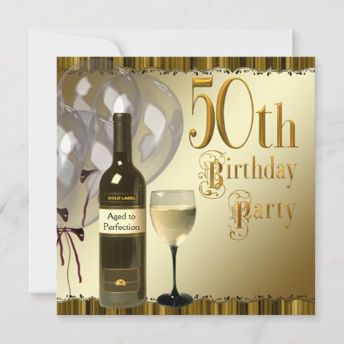 Wine Glass Bottle Black Gold 50th Birthday Party Invitation