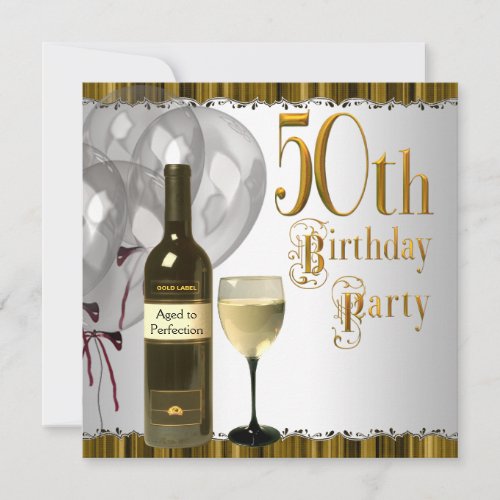 Wine Glass Bottle Black Gold 50th Birthday Party Custom Invite