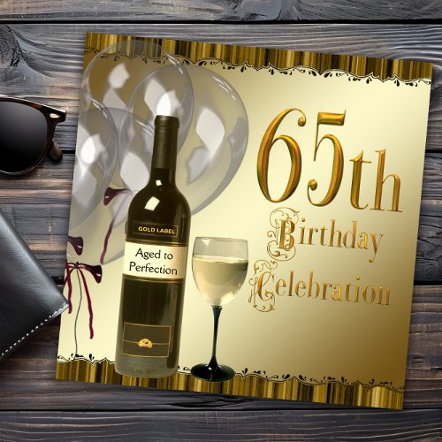 Wine Glass Bottle Black Gold 65th Birthday Party Invitation