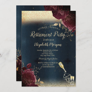 Wine Glass Bottle,Burgundy Roses Retirement Invitation