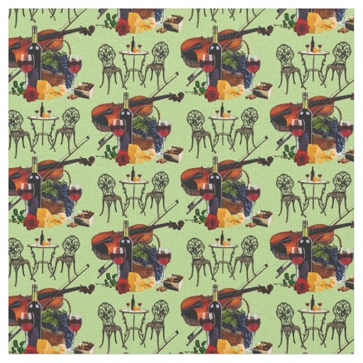 Wine glass, bottle, cheese, rose, violin fabric