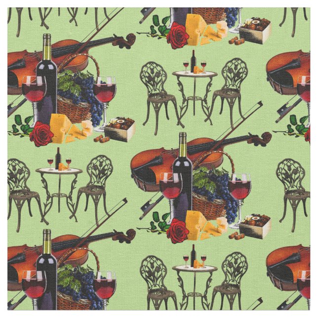 Wine glass, bottle, cheese, rose, violin -larger fabric (Close Up)