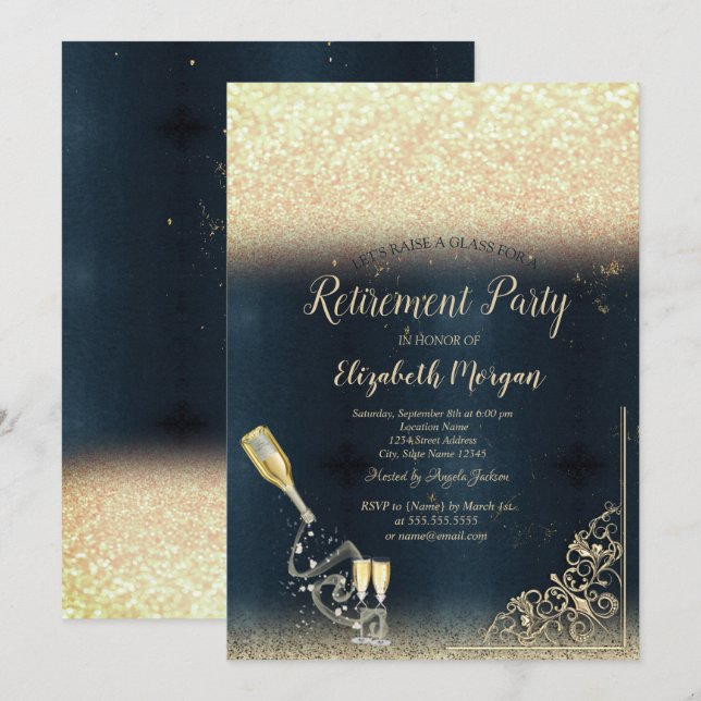Wine Glass Bottle Glitter Retirement  Invitation (Front/Back)