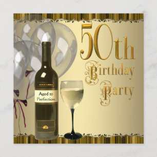Wine Glass Bottle Gold 50th Birthday Party Invitation