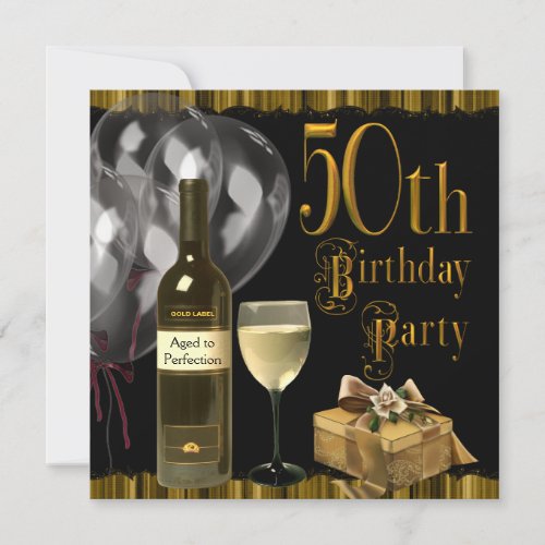 Wine Glass Bottle Gold 50th Birthday Party Personalized Invites