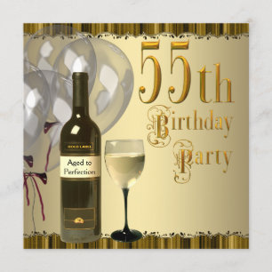 Wine Glass Bottle Gold 55th Birthday Party Invitation