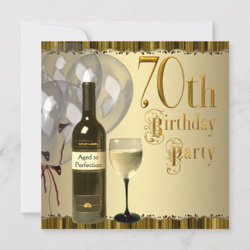 Wine Glass Bottle Gold 70th Birthday Party Invite