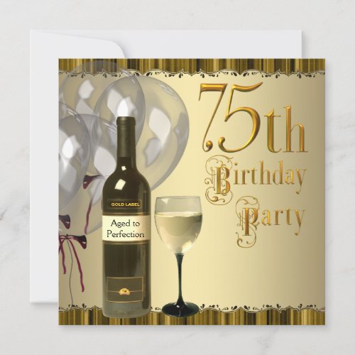 Wine Glass Bottle Gold 75th Birthday Party Invitation