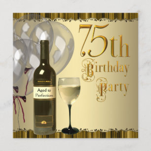 Wine Glass Bottle Gold 75th Birthday Party Invitation
